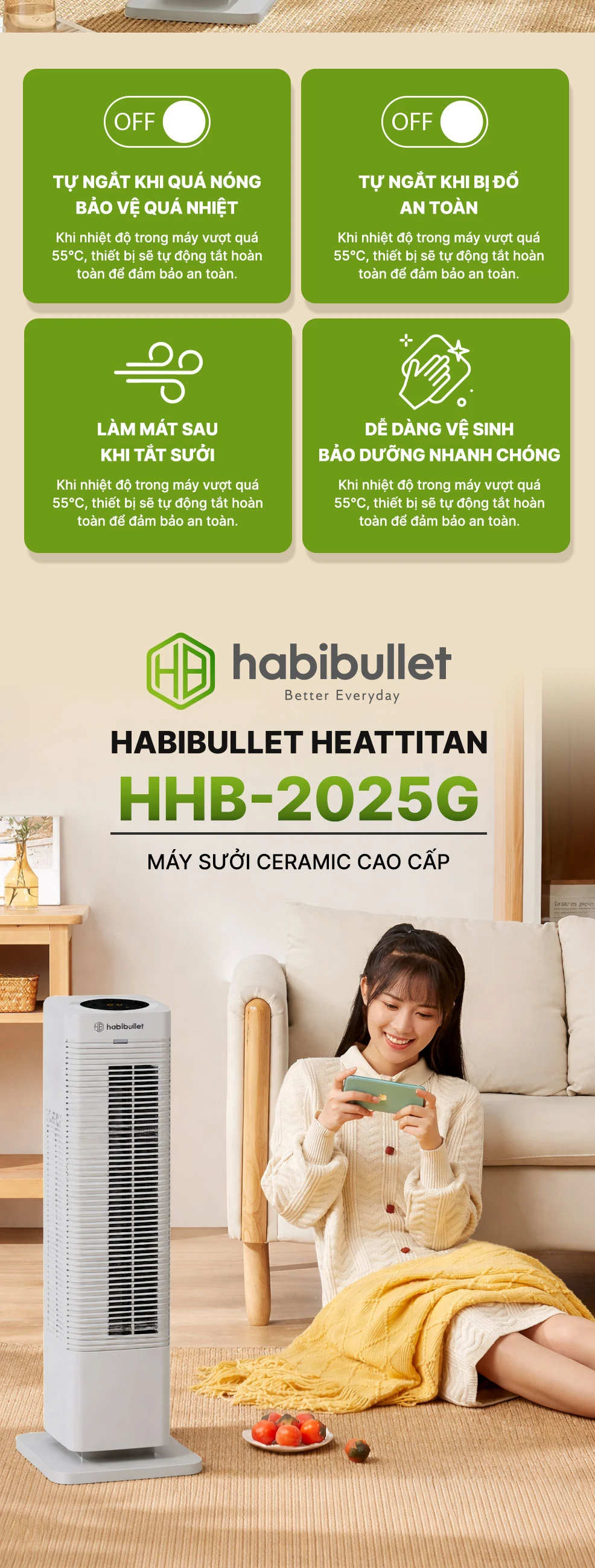 Máy sưởi Ceramic cao cấp Habibullet HeatTitan HHB-2025G BH245149 8