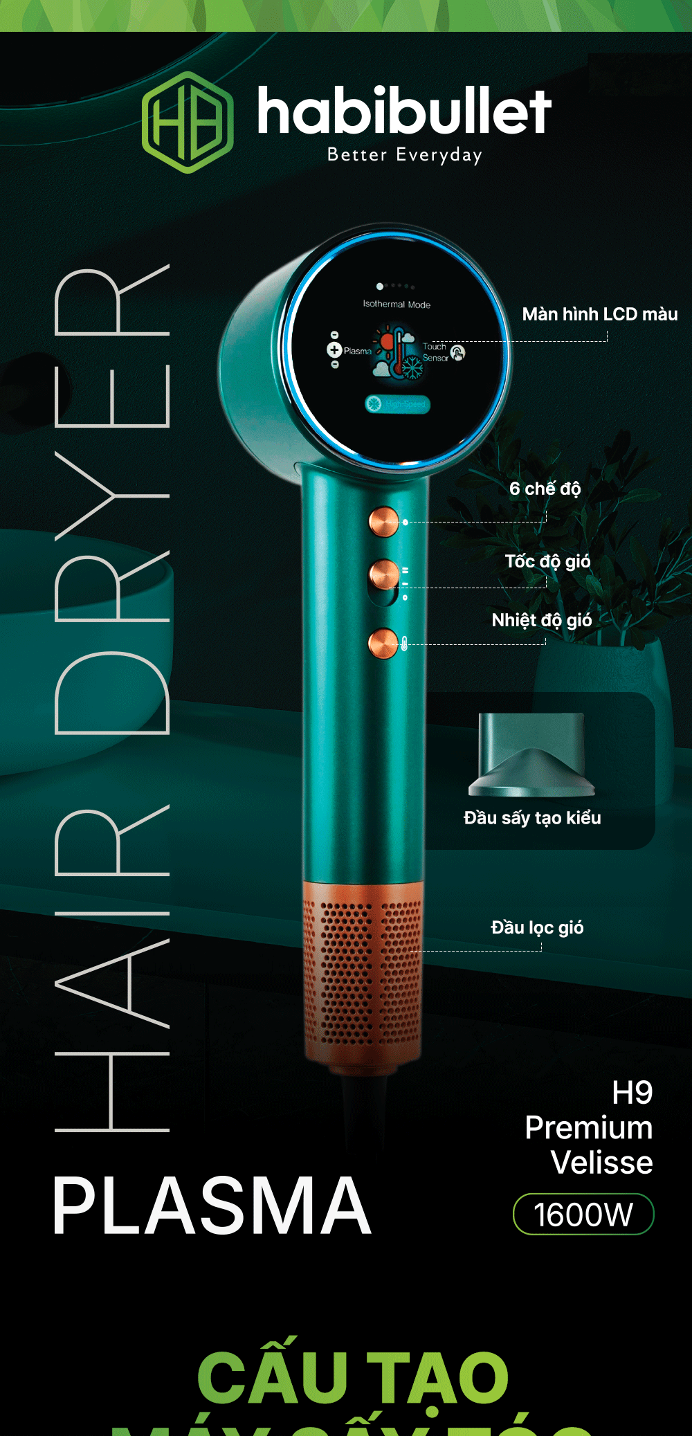 Máy sấy tóc Plasma Habibullet H9 Premium Velisse BH245140 1