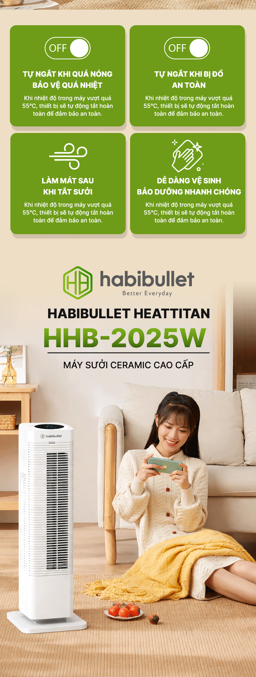 Máy sưởi Ceramic cao cấp Habibullet HeatTitan HHB-2025W BH245148 8