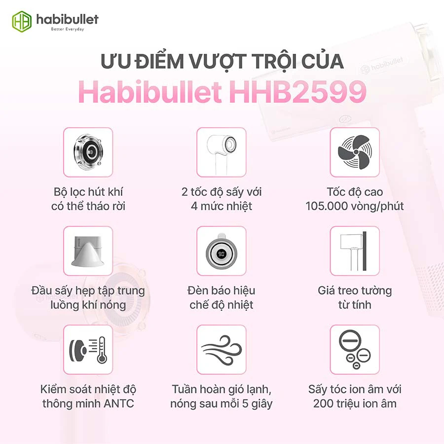 Máy sấy và chăm sóc tóc cao cấp Habibullet HHB2599 Princess BH245129 2